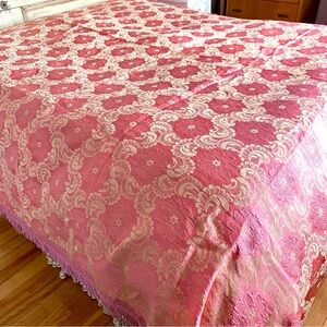 Vintage Pink Yellow Brocade Fringed Bedspread